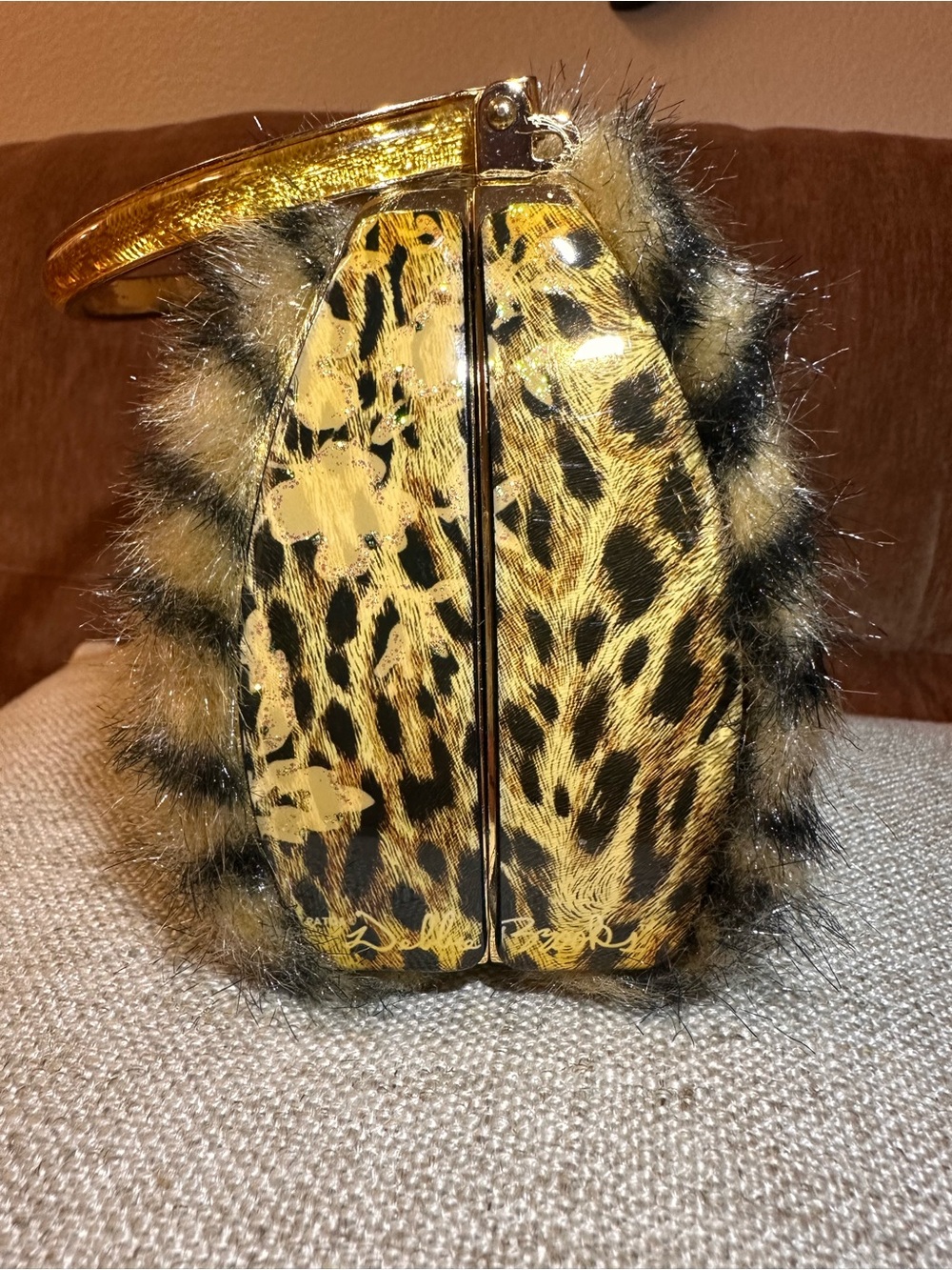 Debbie Brooks Y2K Leopard Print Faux Fur Wristlet - Gold Accent